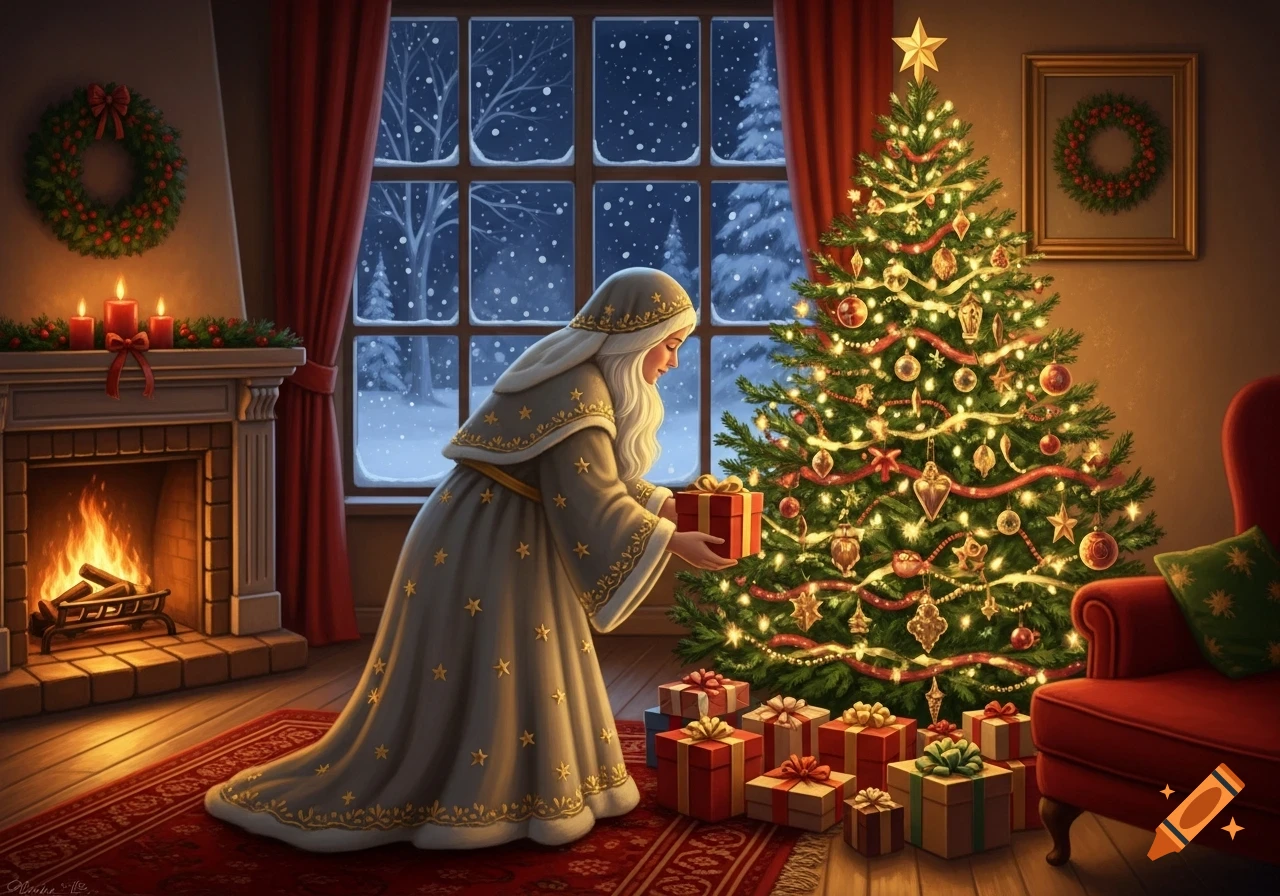 A long-haired woman in a flowing robe places a gift under a brightly lit Christmas tree in a cozy room with a burning fireplace and a snowy window.