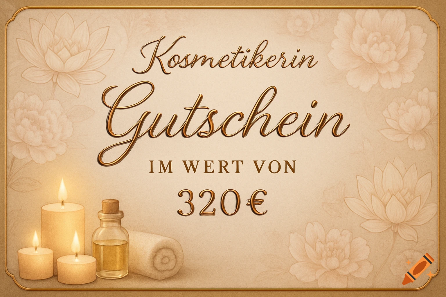 Elegant German gift certificate for a beautician worth 320€, with candles, oil bottle, and floral background.