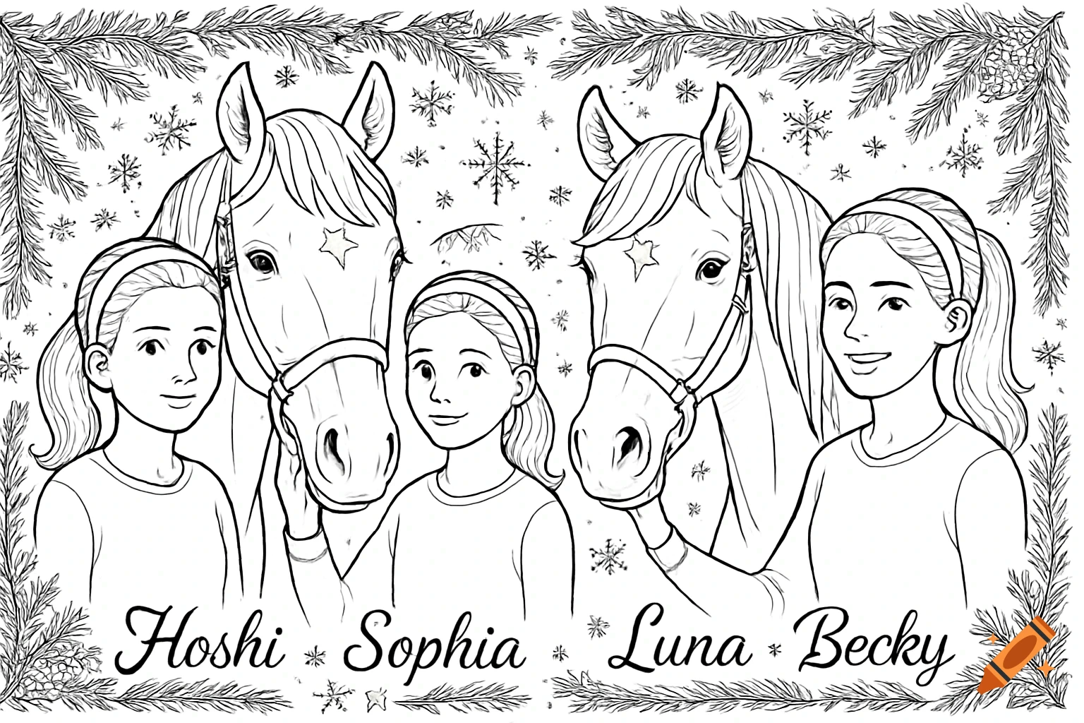 Line art coloring page of two girls with ponytails and headbands, standing next to two horses, all framed by pine branches and snowflakes.