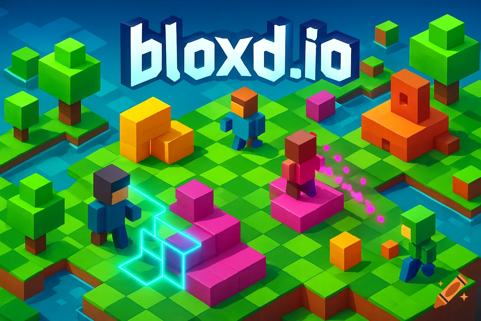 Isometric pixel art scene with blocky characters, green terrain, water, and structures under a blue sky with 'bloxd.io' text.