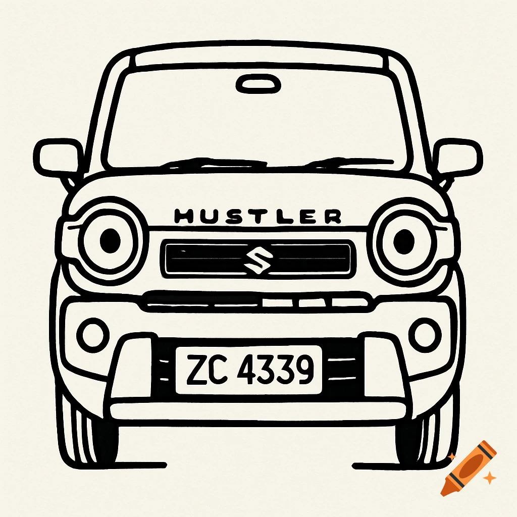 Front view of a Suzuki Hustler Mr52s car in a simple, clean black line art style on a white background, with 'HUSTLER' on the grille and 'ZC 4339' on the license plate.