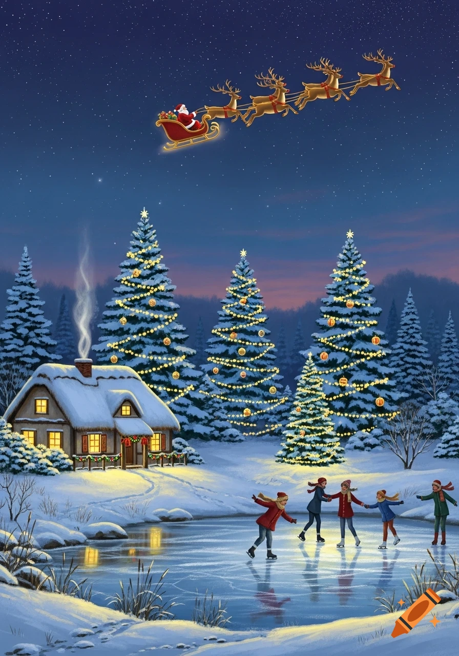 A festive winter scene at night with Santa in a sleigh pulled by reindeer flying over a snowy landscape, a cozy cottage, decorated fir trees, and children ice skating on a pond.