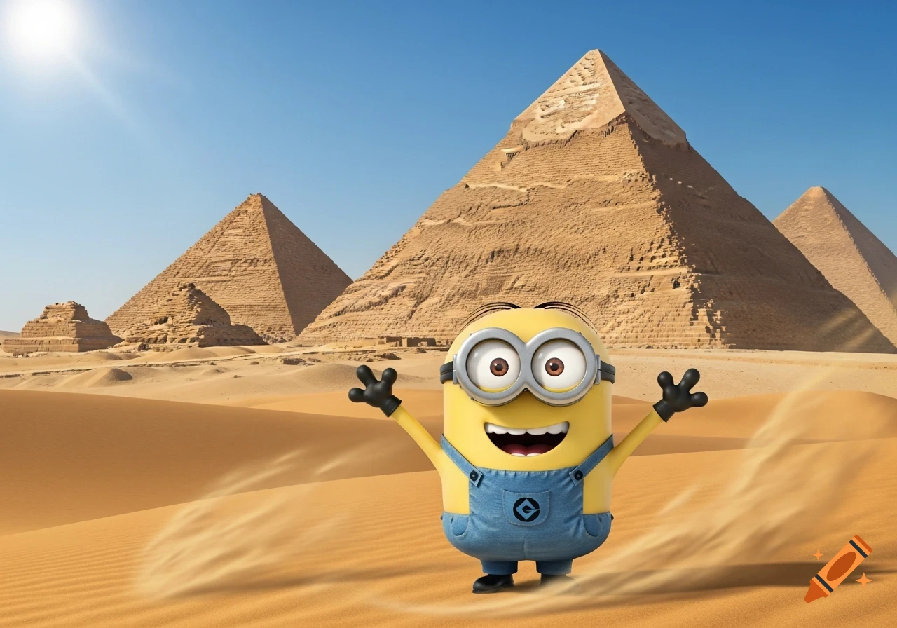 A cheerful Minion wearing blue overalls stands in a desert landscape with several ancient Egyptian pyramids under a bright blue sky.