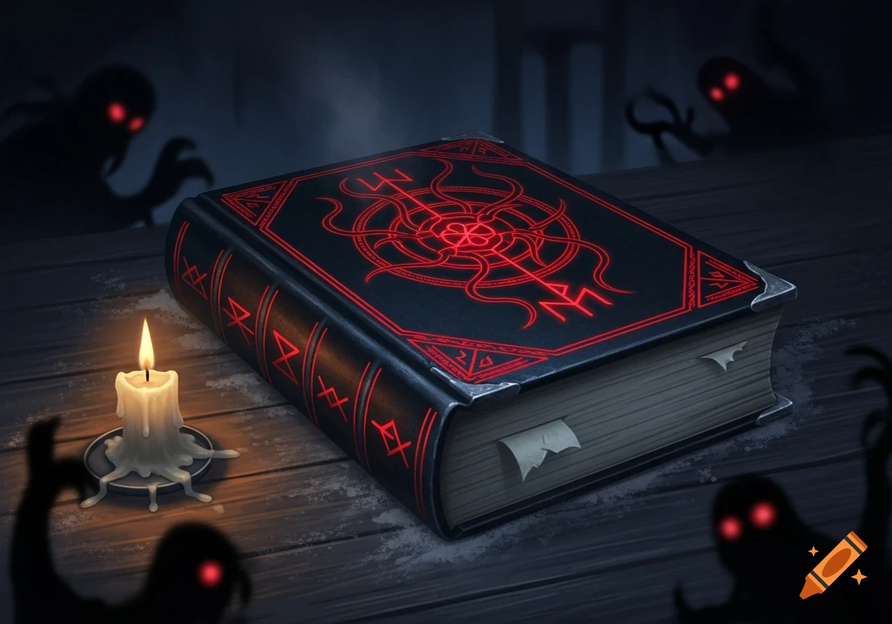 An ancient black horror book with glowing red occult symbols, a flickering candle, and shadowy figures with red eyes on a wooden table.