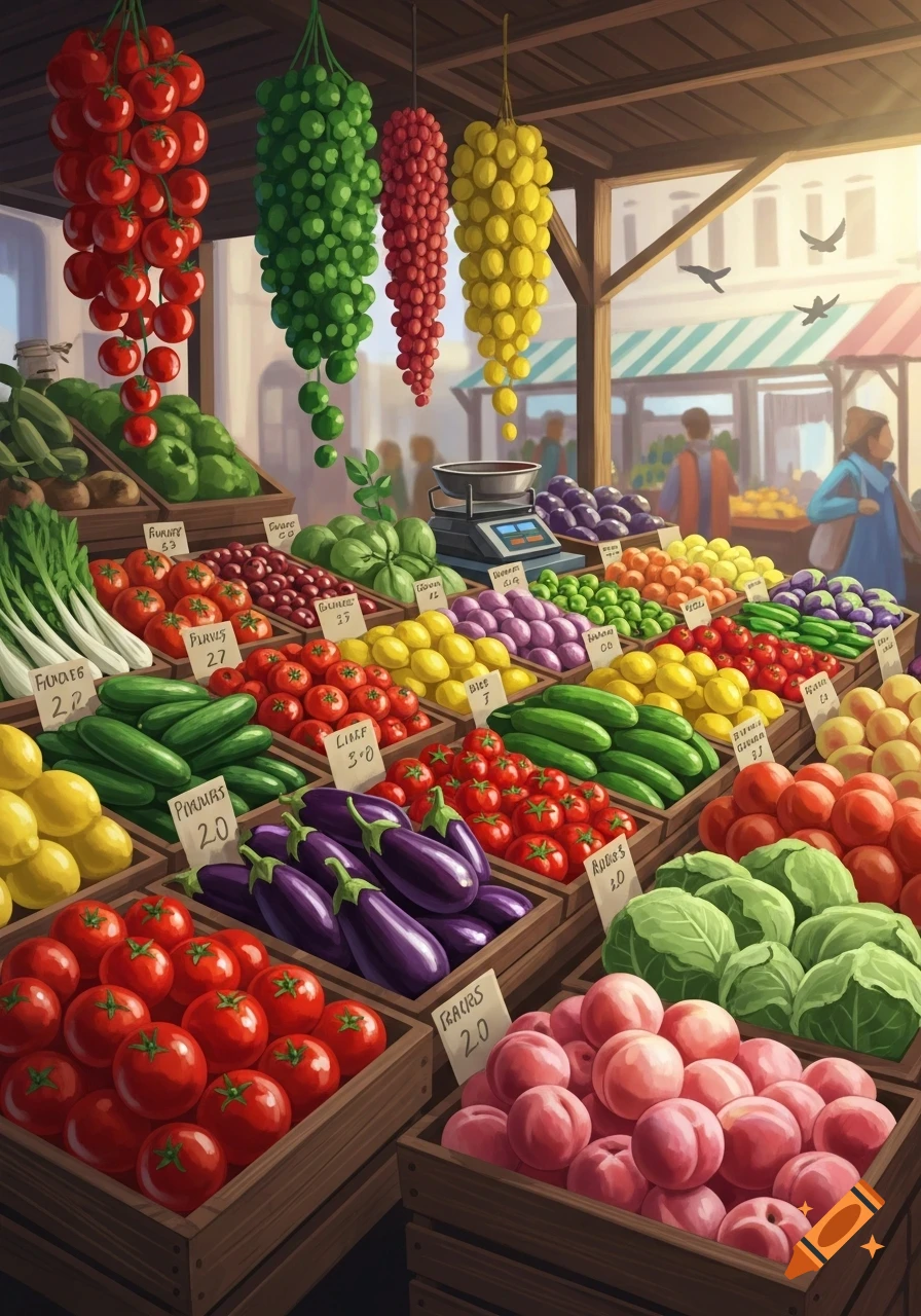A vibrant market stall filled with crates of fresh fruits and vegetables, including tomatoes, cucumbers, eggplants, lemons, and cabbage, in an illustrative style.