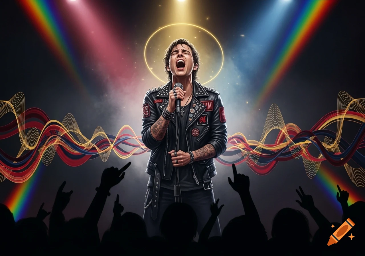 A male rock singer in a studded leather jacket sings into a microphone on stage, bathed in spotlights with colorful sound wave graphics and a silhouetted audience.