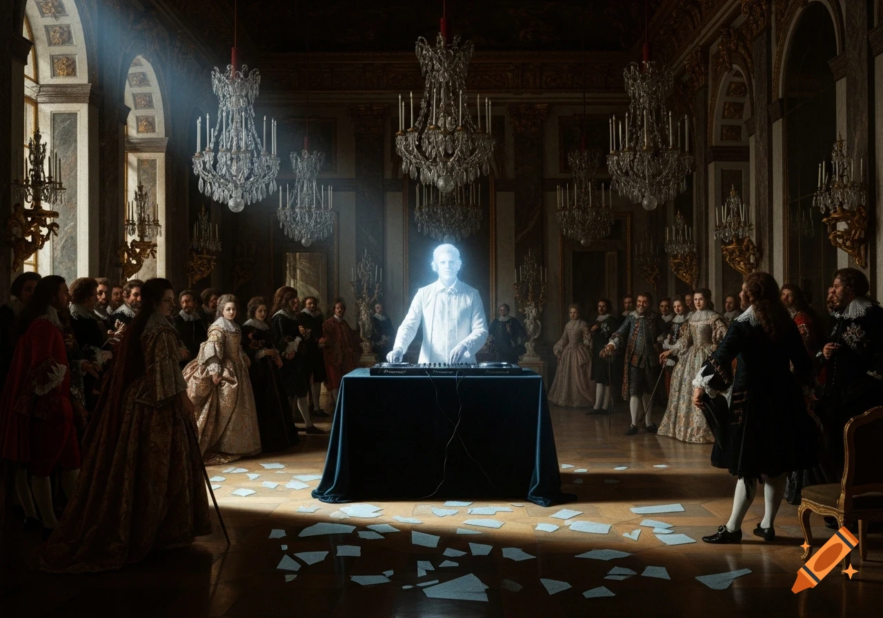 A glowing, ethereal DJ stands at turntables in a grand Baroque hall, surrounded by 17th-century aristocrats, with paper scattered on the floor.
