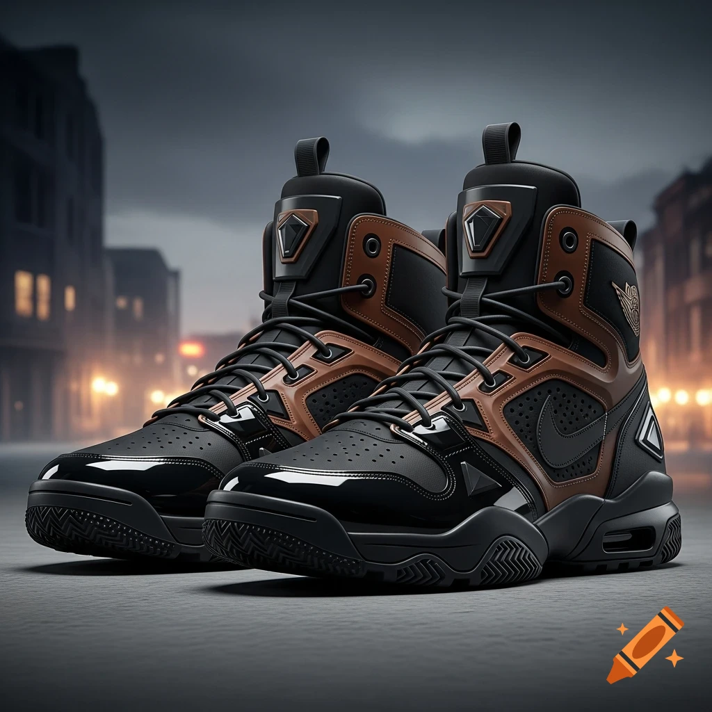 A pair of black and brown futuristic high-top sneakers with a Nike swoosh on a dark street at night.