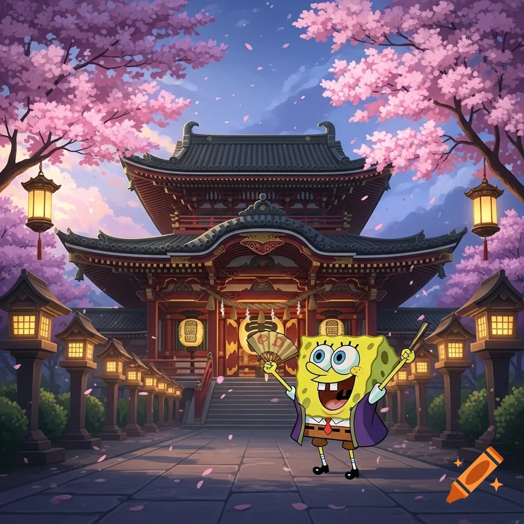 Spongebob SquarePants in front of a Japanese temple with cherry blossoms, holding a fan and stick, in an anime style.