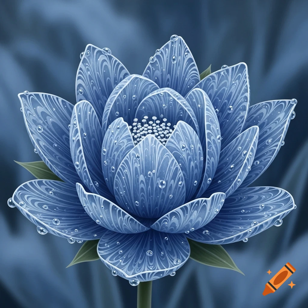 A detailed, stylized blue lotus flower with intricate white streaks on its petals, adorned with many water droplets.