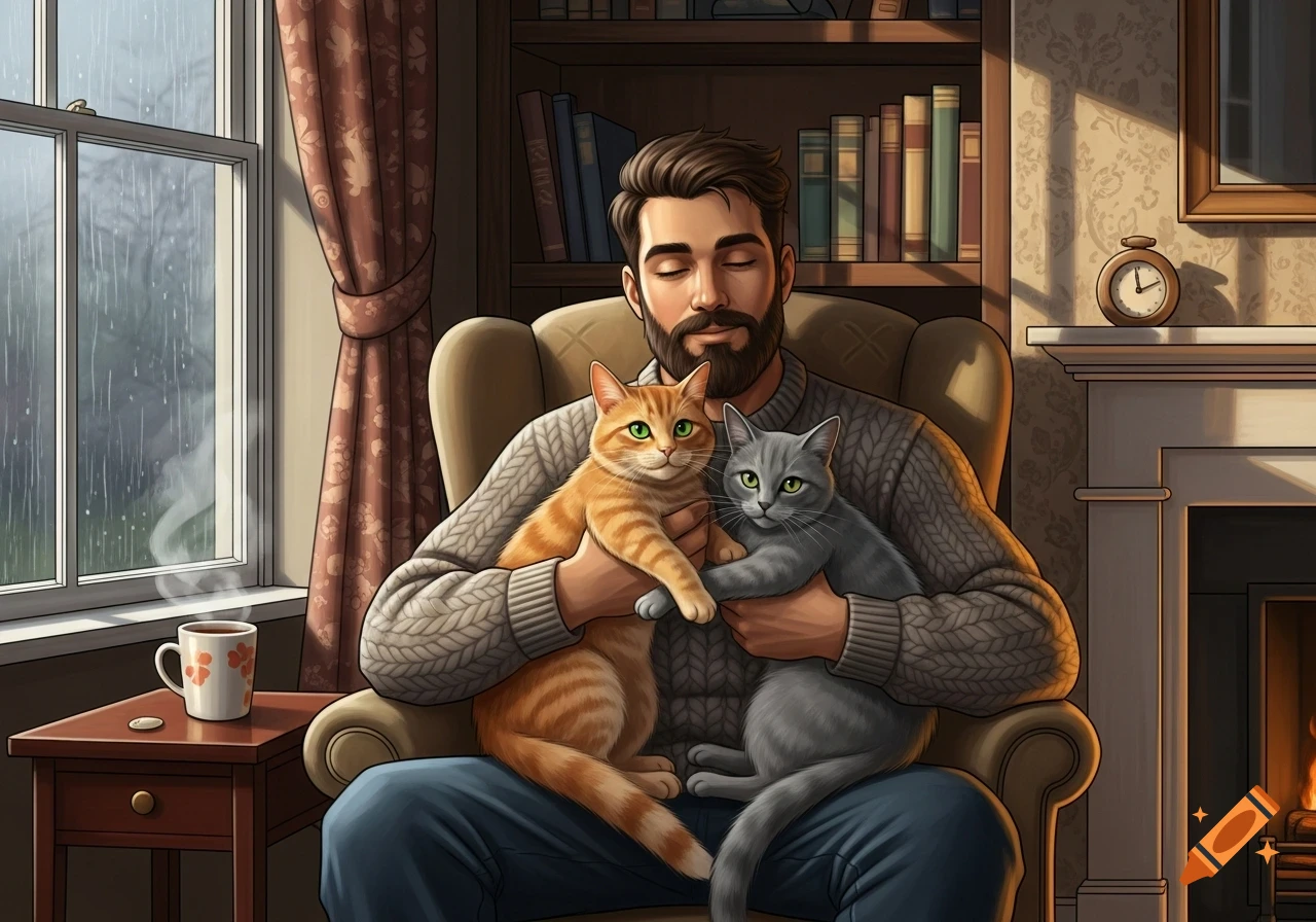 Illustrated man with beard holding an orange and a grey cat while sitting in an armchair by a rainy window, a bookshelf behind him.