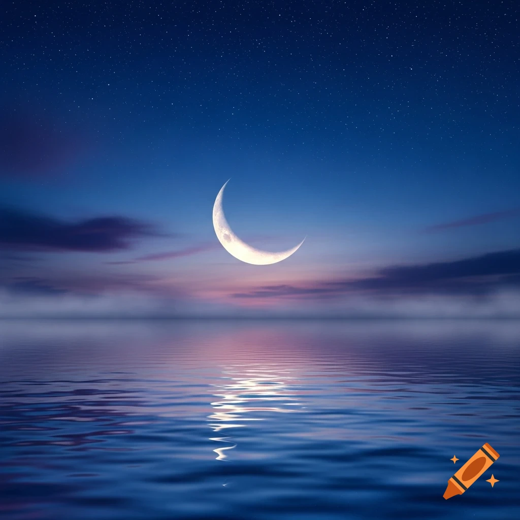 A luminous crescent moon hangs in a starry twilight sky over calm, reflective water with purple and blue hues.