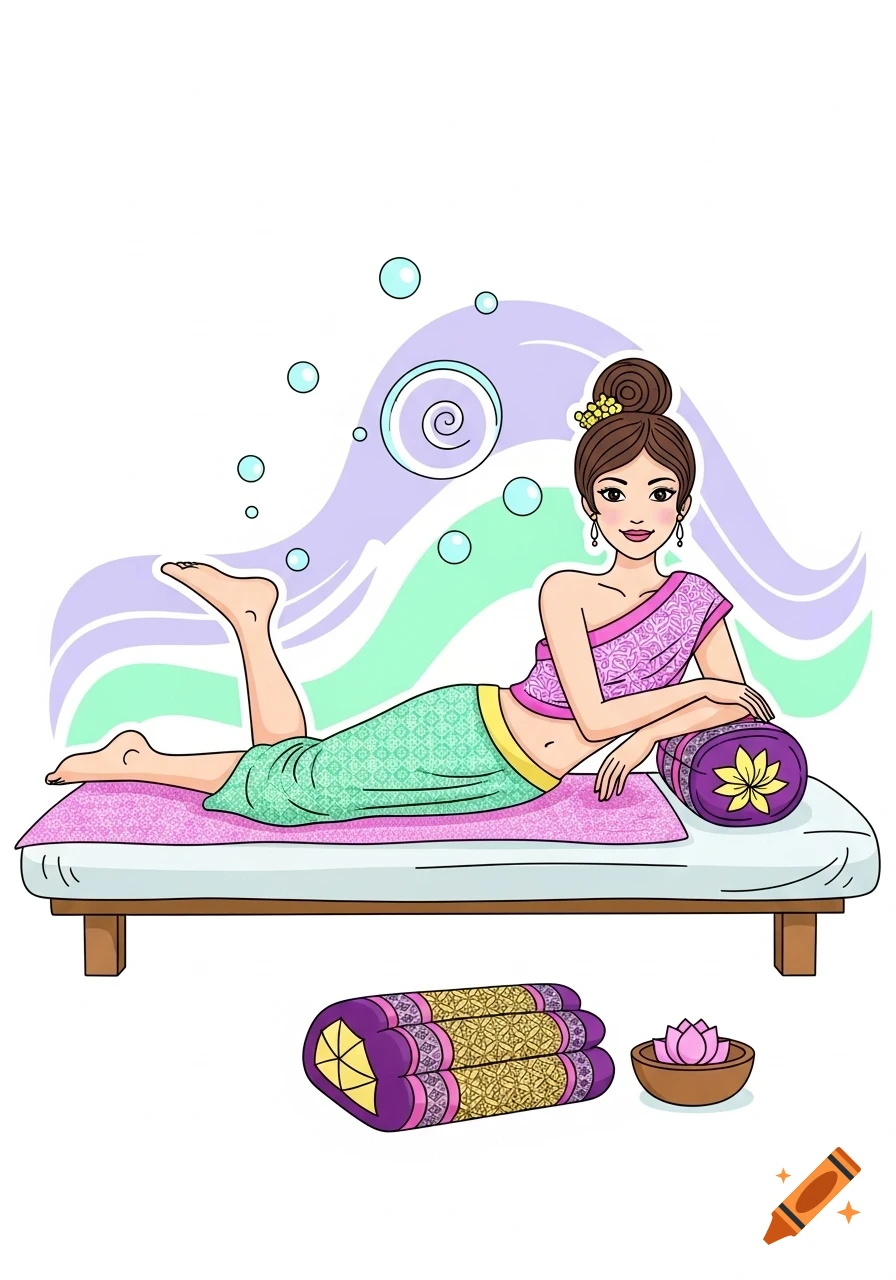Cartoon illustration of a woman in Thai attire relaxing on a massage table with decorative pillows and a lotus flower.
