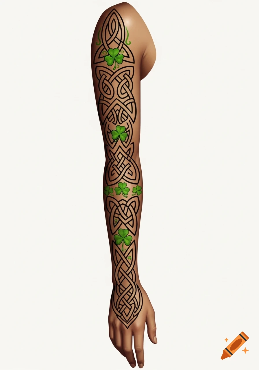An arm covered in a detailed black Celtic knot tattoo design interspersed with vibrant green shamrocks.