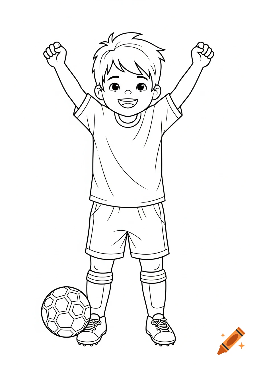 A black and white outline illustration of a boy in a soccer uniform, arms raised in celebration, standing next to a soccer ball.