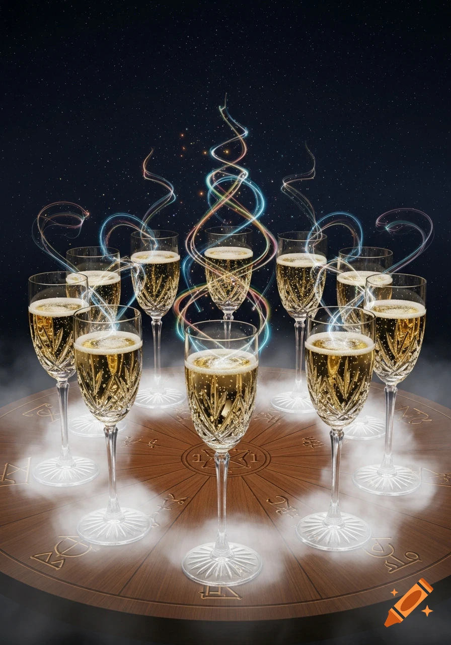 Champagne glasses filled with sparkling wine, surrounded by colorful magical light trails and mist on a dark, star-filled background.