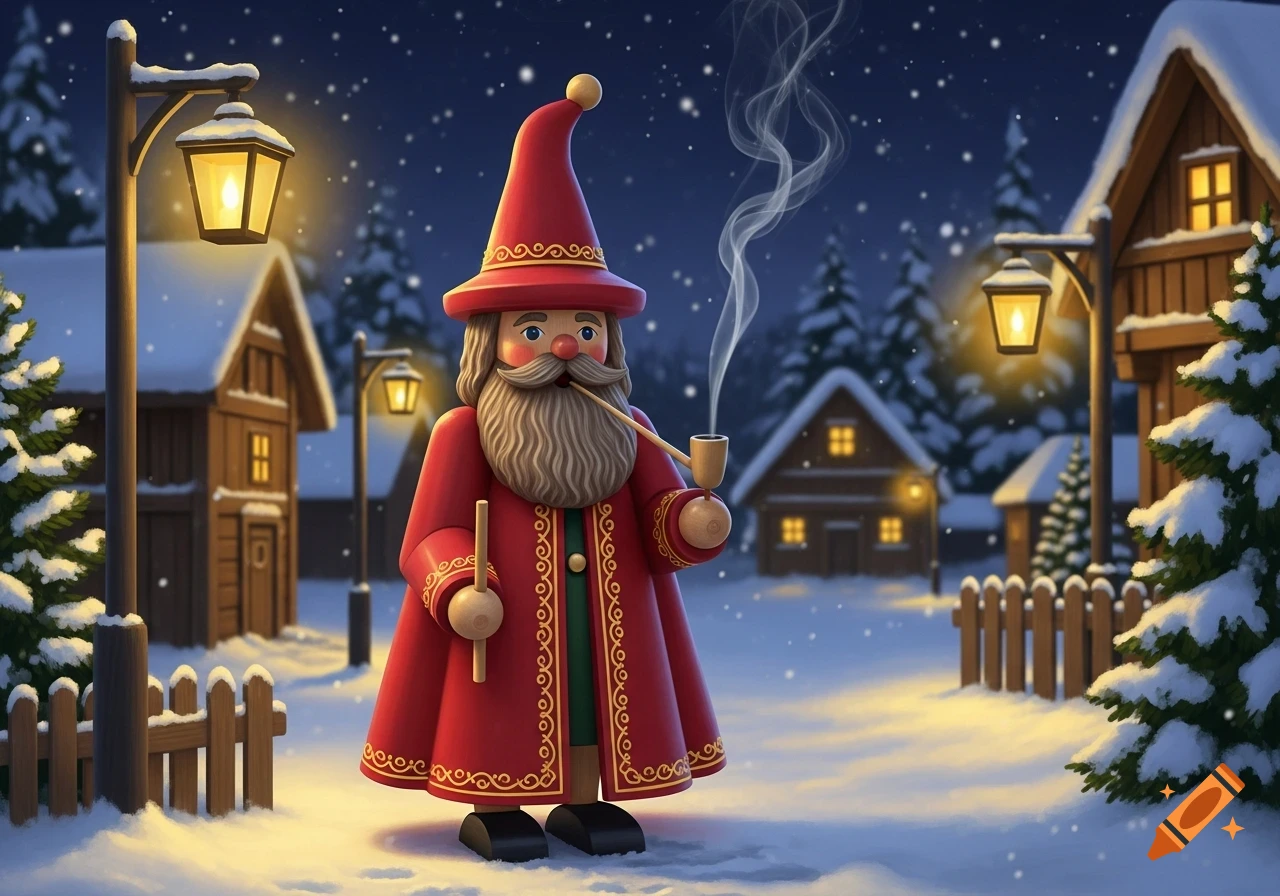 A stylized Räuchermann figurine, resembling Santa, stands in a snowy village scene at night, smoking a pipe, surrounded by houses and lampposts.