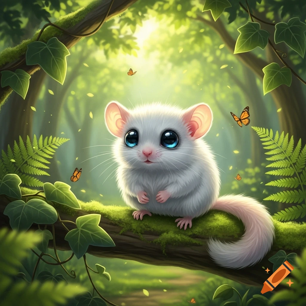 A cute, fluffy white mouse with big blue eyes sits on a mossy branch in a sunlit forest with butterflies.