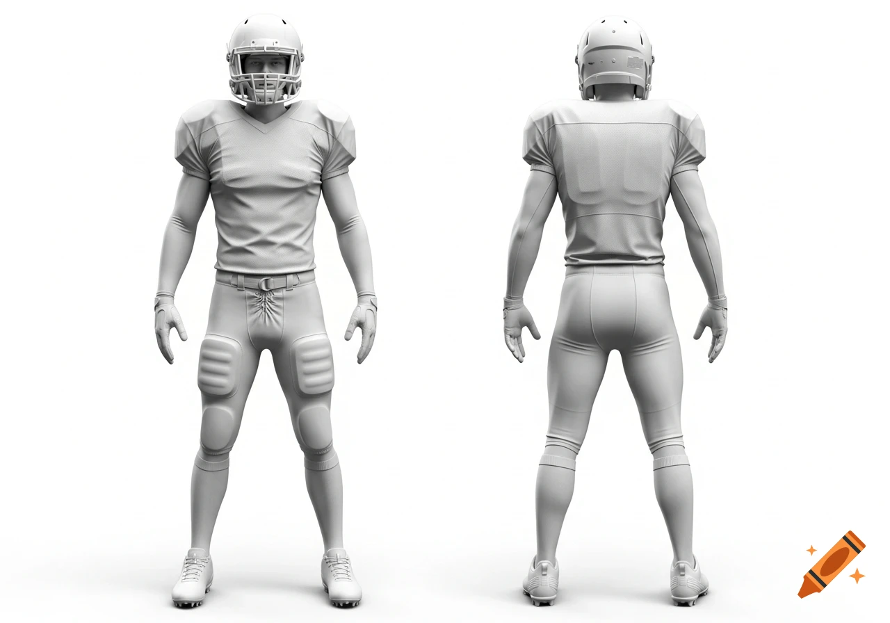 Two monochrome white American football players, front and back views, standing upright in full gear against a white background.