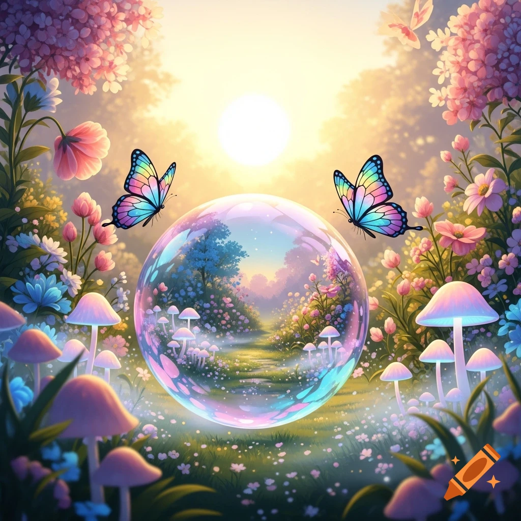 A vibrant fantasy garden with iridescent butterflies, glowing mushrooms, and a large iridescent bubble reflecting a path, under a bright sun.