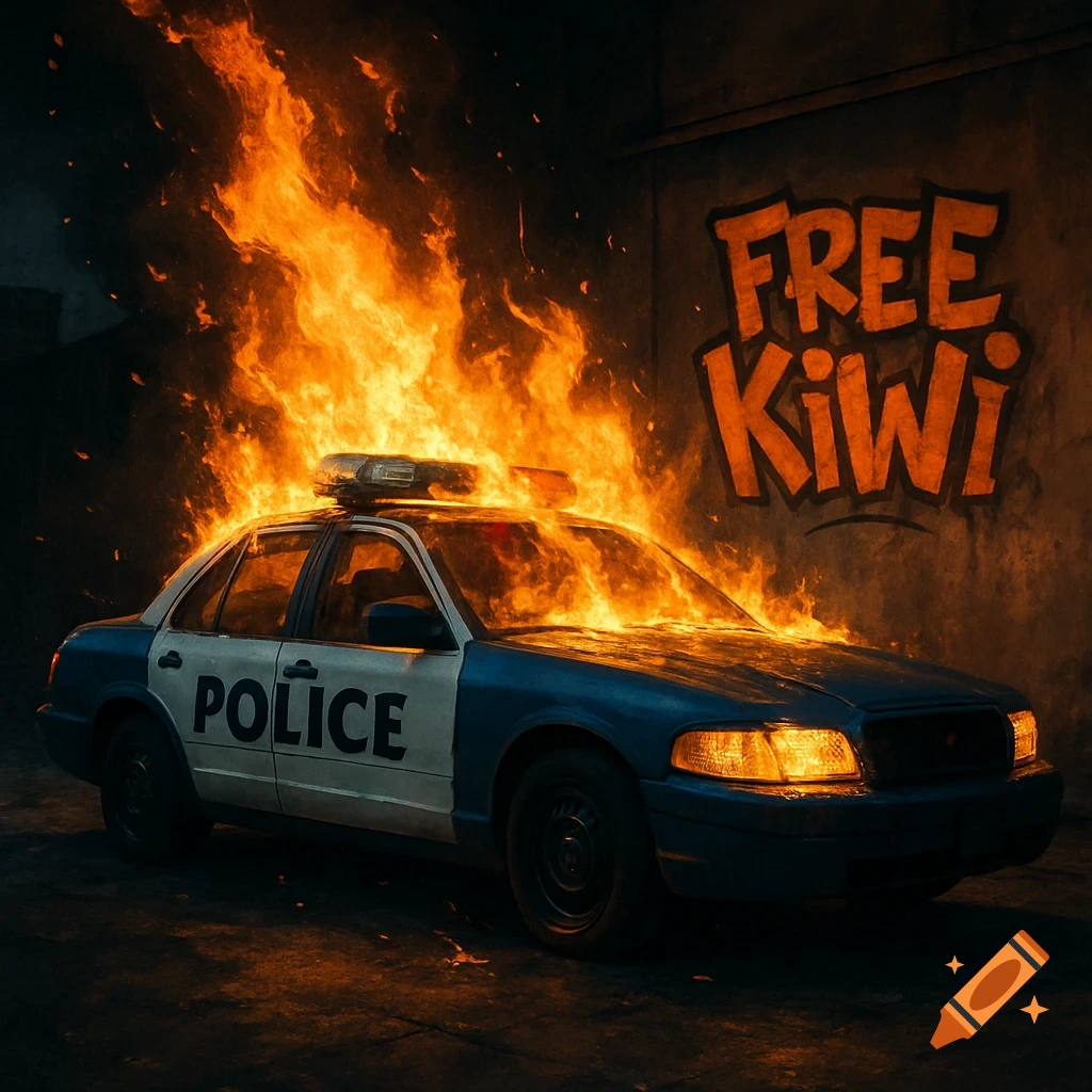 A blue and white police car burning brightly, with 'FREE Kiwi' graffiti on the wall behind it, in a dark urban setting.