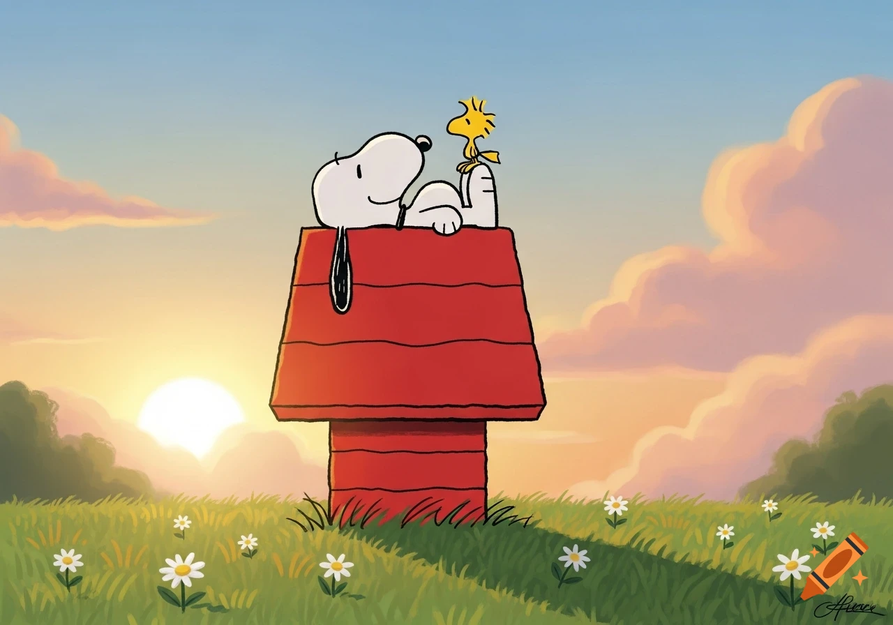 Snoopy lies on his red doghouse with Woodstock perched on his stomach, set against a sunset sky in a field of daisies.