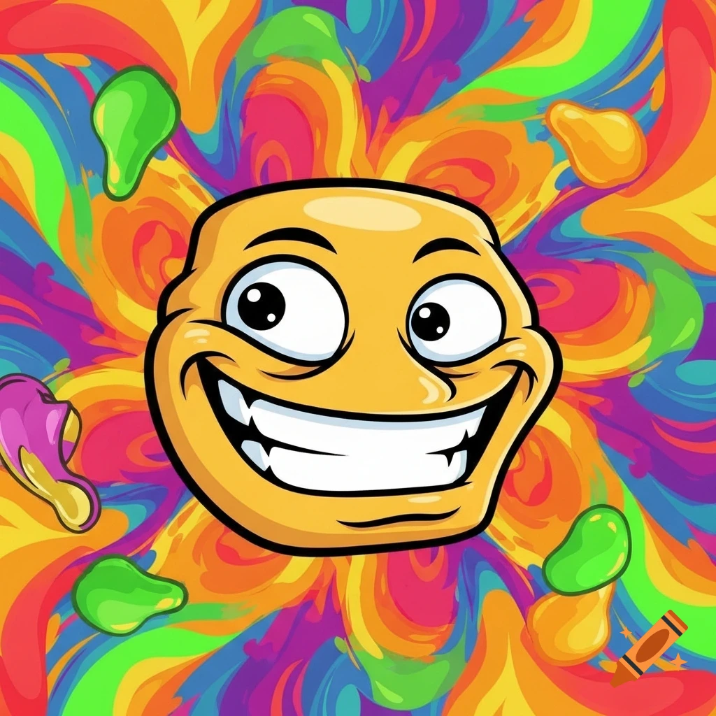 A cartoon yellow meme face with a wide grin and bulging eyes against a vibrant, swirling psychedelic rainbow background with colorful blobs.