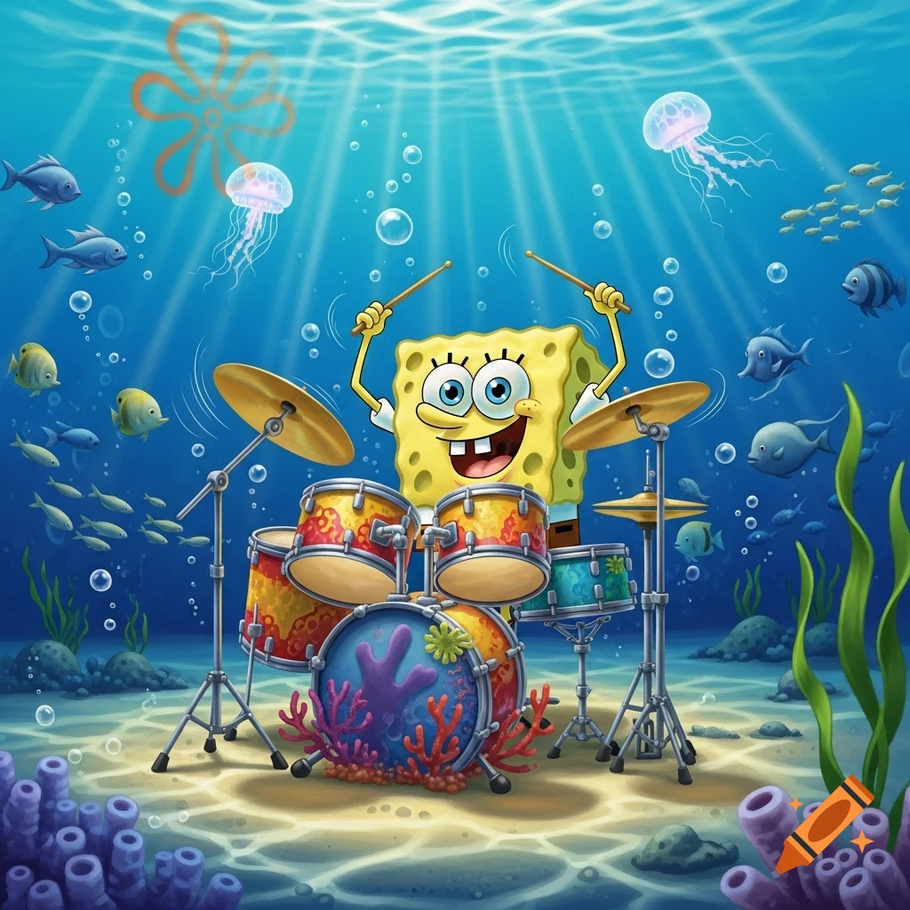 SpongeBob SquarePants happily plays a colorful drum set on the ocean floor, surrounded by fish, jellyfish, and coral.