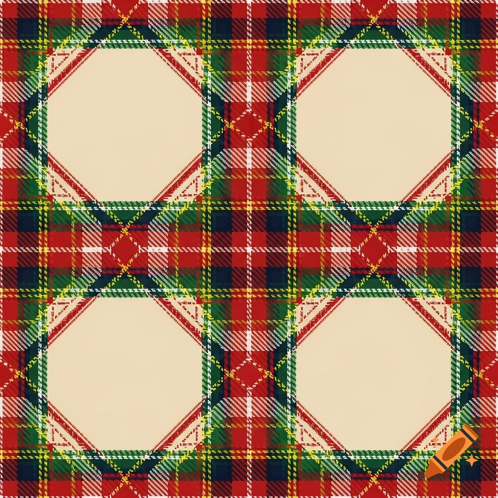 A seamless Royal Stewart tartan pattern featuring red, green, blue, and yellow plaid, with cream octagonal sections.