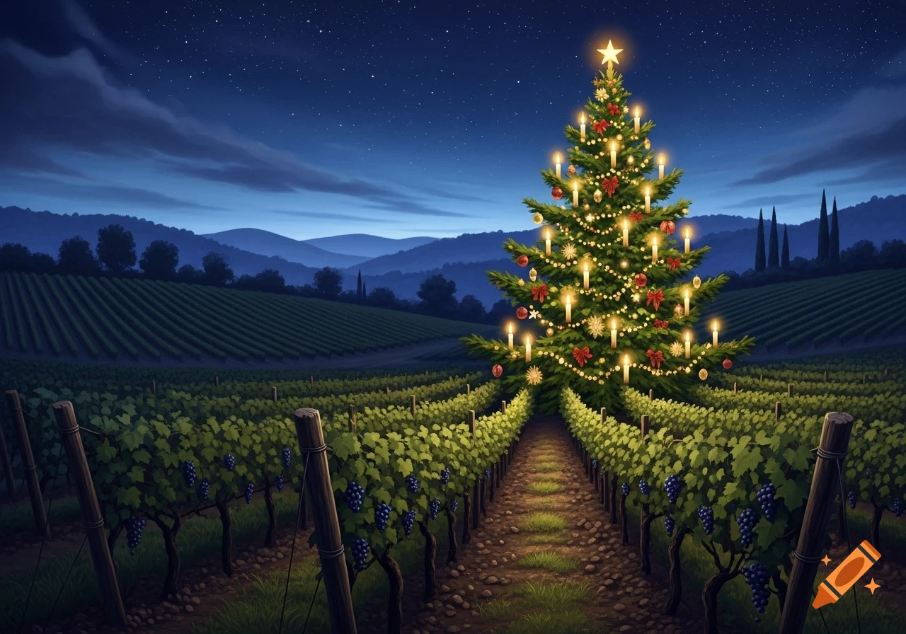 A festive Christmas tree glowing with lights and ornaments stands in a vineyard at night under a starry sky.