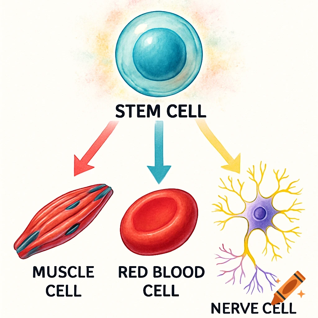 Educational diagram showing a stem cell differentiating into a muscle cell, red blood cell, and nerve cell, with labels.