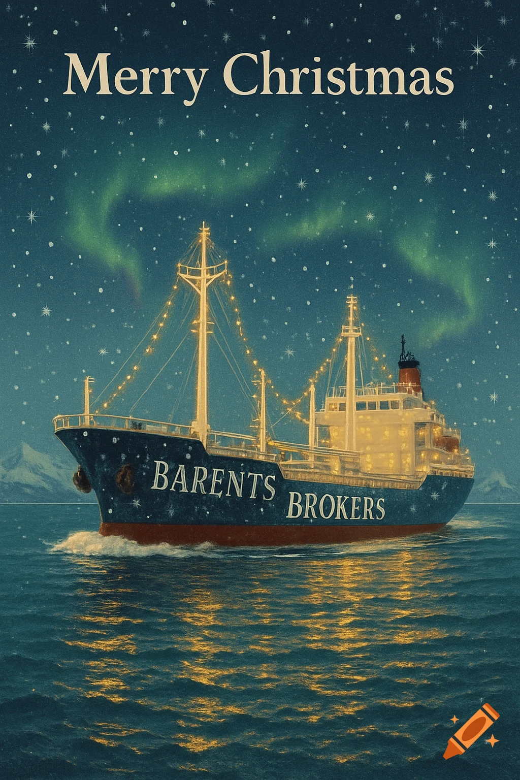 A vintage-style Christmas card illustration of a cargo ship decorated with lights, sailing under a starry night sky with the aurora borealis.