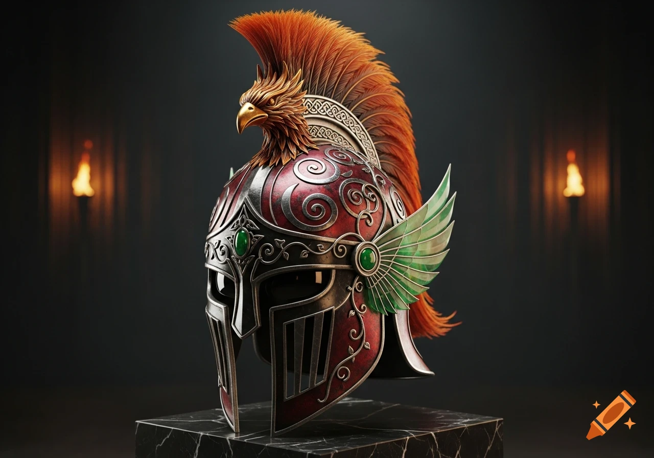 An ornate red and silver war helmet with a golden eagle crest and green wings, displayed on a dark marble pedestal.