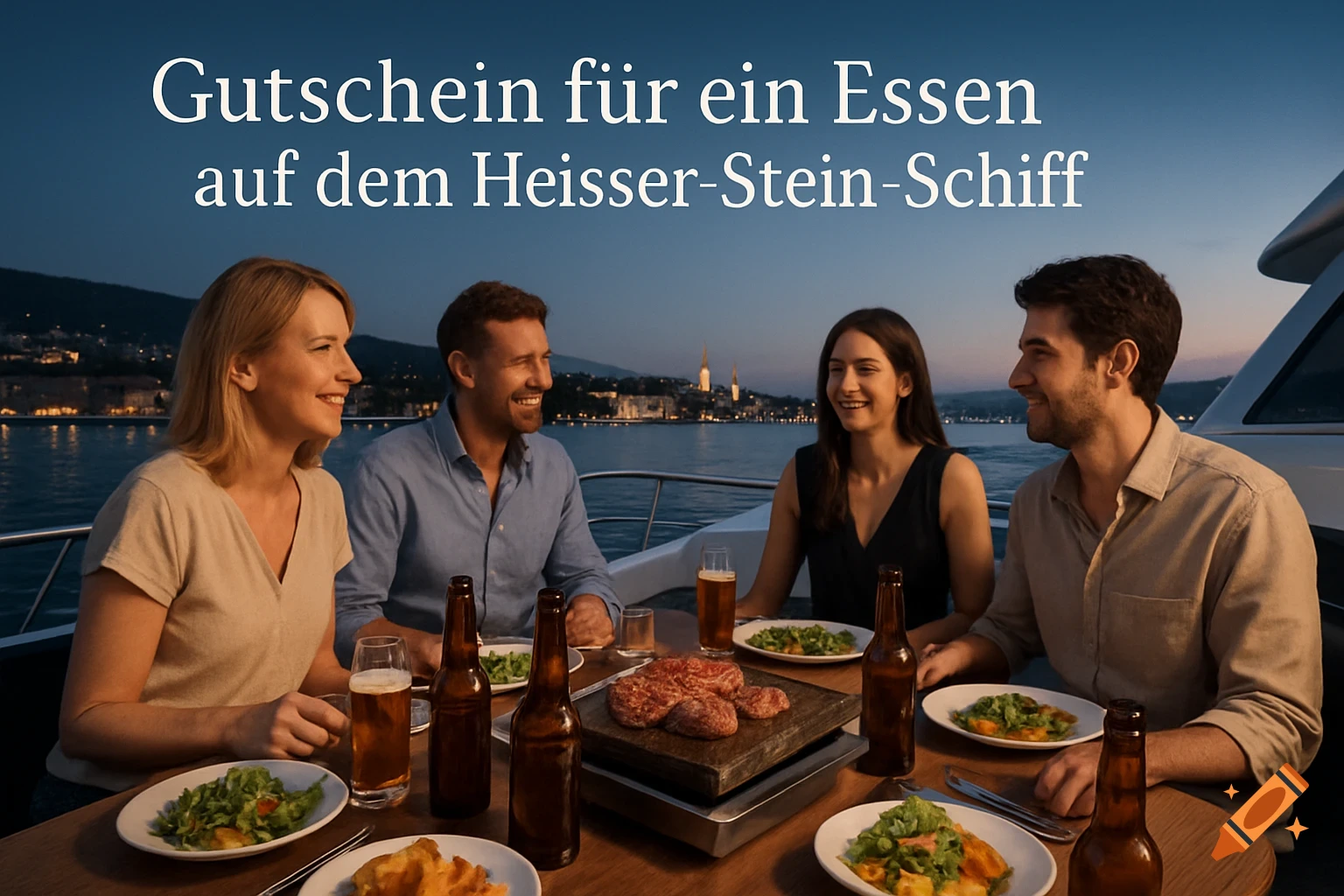 Four people dine on a boat at dusk with a city skyline in the background, enjoying hot stone meat, salads, and beer. Text reads: Gutschein f r ein Essen auf dem Heisser-Stein-Schiff.