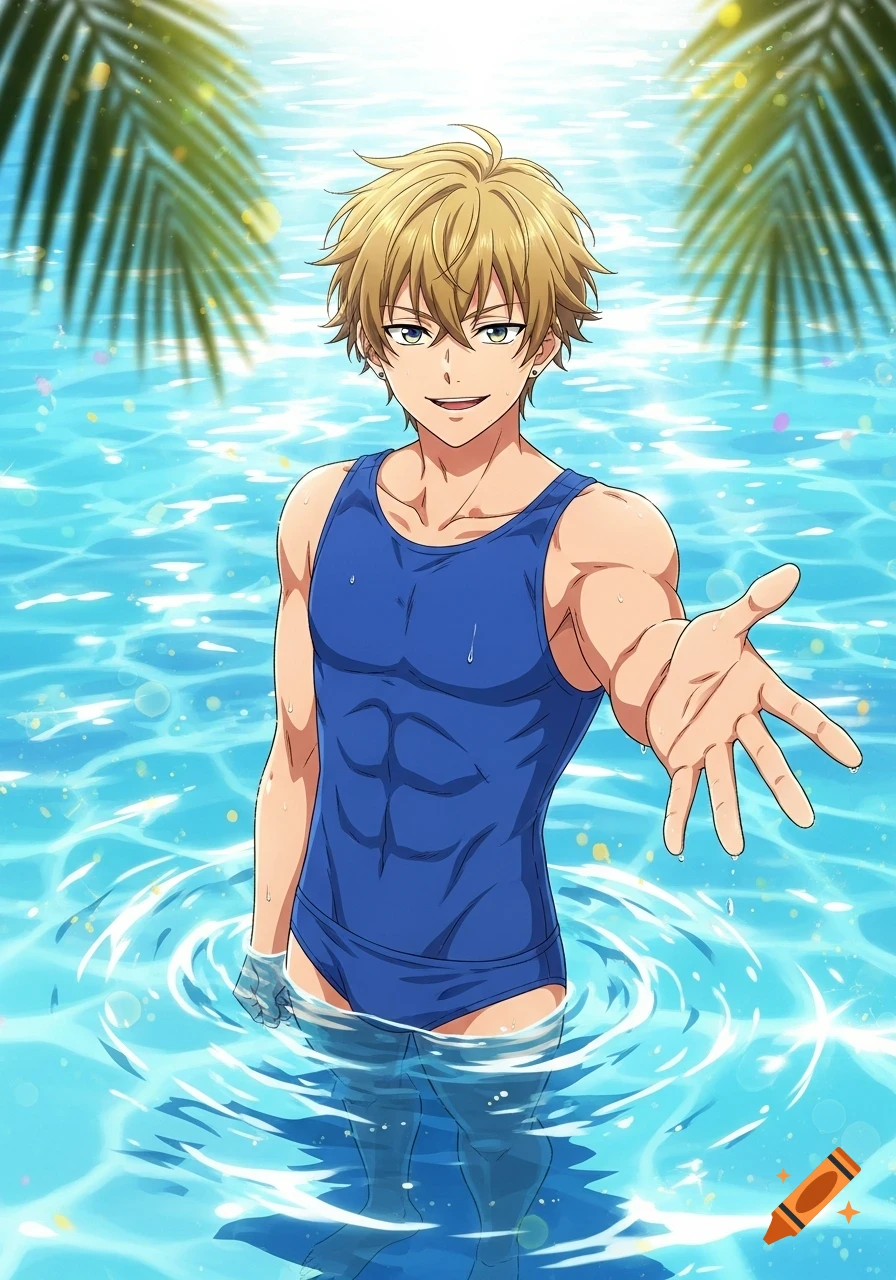 An anime-style blonde young man in a blue swimsuit stands in a pool, extending his hand towards the viewer.