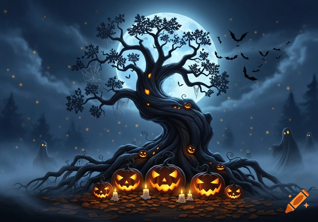 A spooky Halloween scene at night with a gnarled tree, glowing jack-o'-lanterns, bats, and misty ghosts under a full moon.