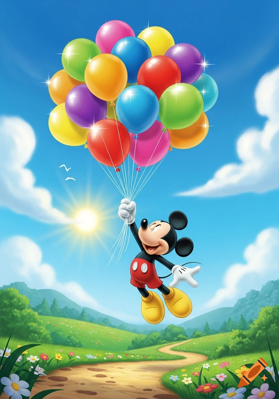 Mickey Mouse floats high in a sunny blue sky, holding a bunch of colorful balloons above a winding path in a green, flowery landscape.