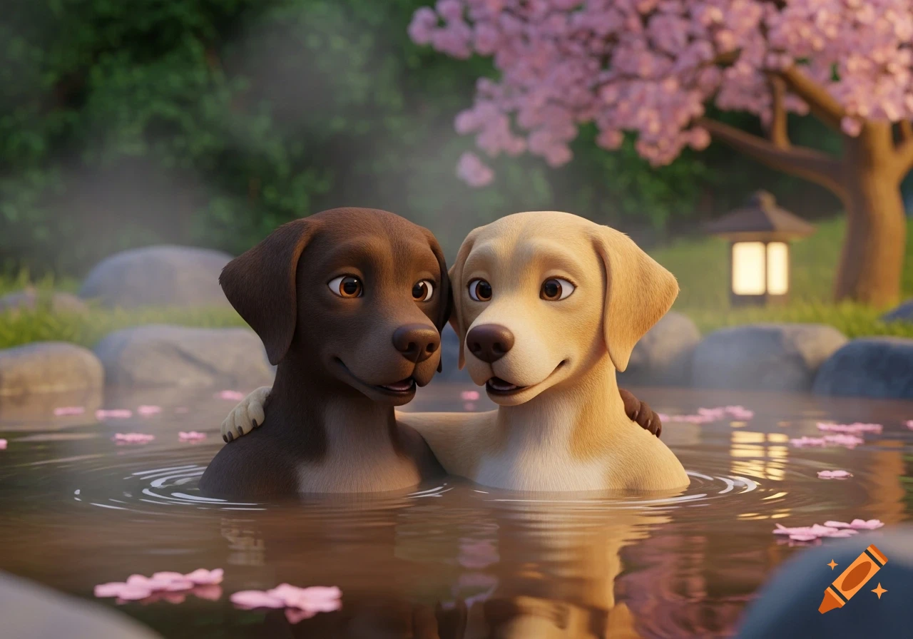 Two animated Labrador dogs, one brown and one yellow, embrace in a steaming outdoor hot tub with cherry blossoms, 3D animation.