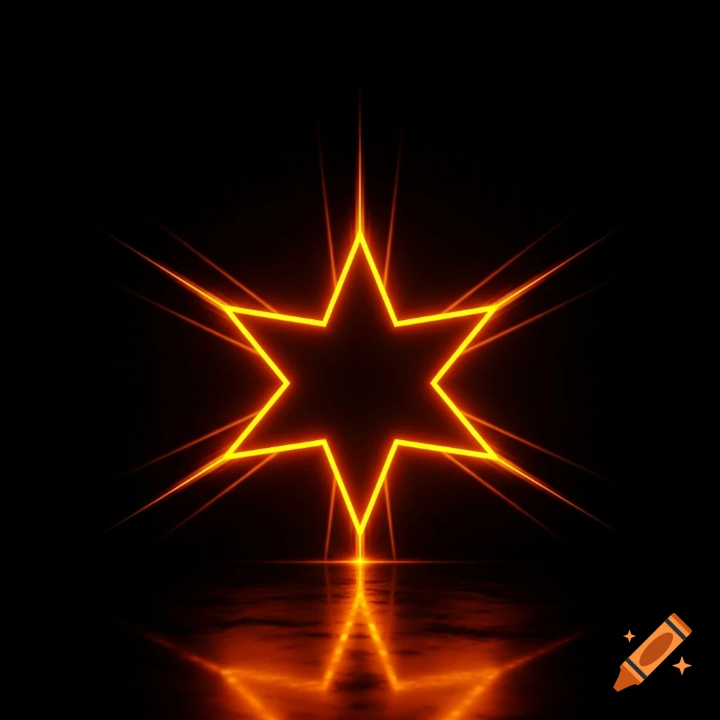 A glowing neon orange six-point star against a dark background, reflecting on a dark surface.