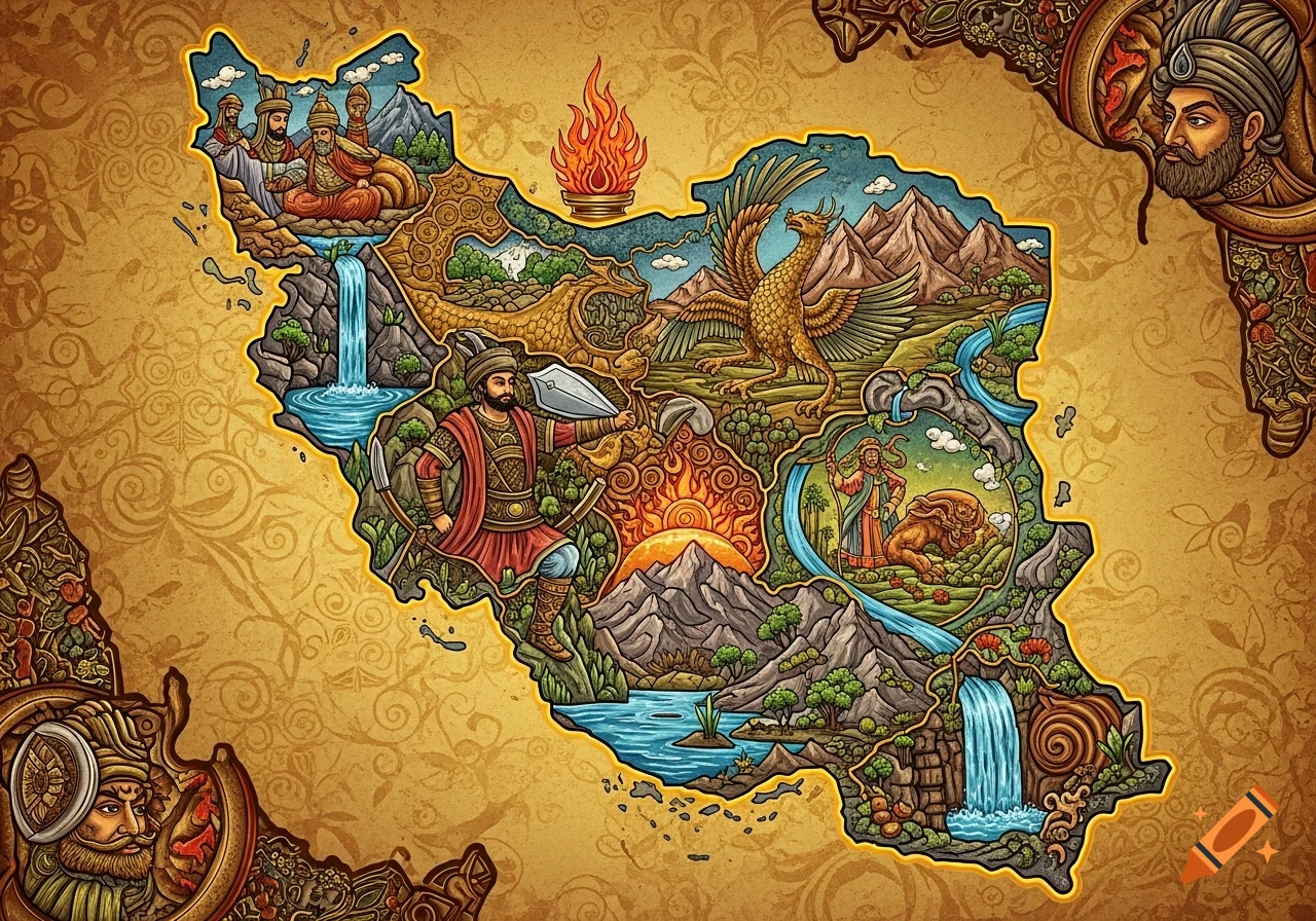 Vibrant, detailed illustrative map of Iran with mythological figures, a simurgh, ancient warriors, waterfalls, and mountains.
