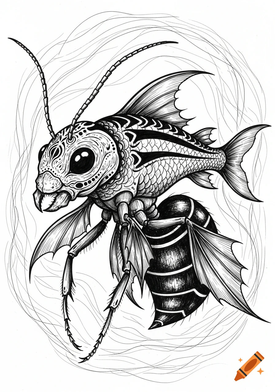 Detailed black and white line art illustration of a fantastical creature combining features of an ant and a fish.