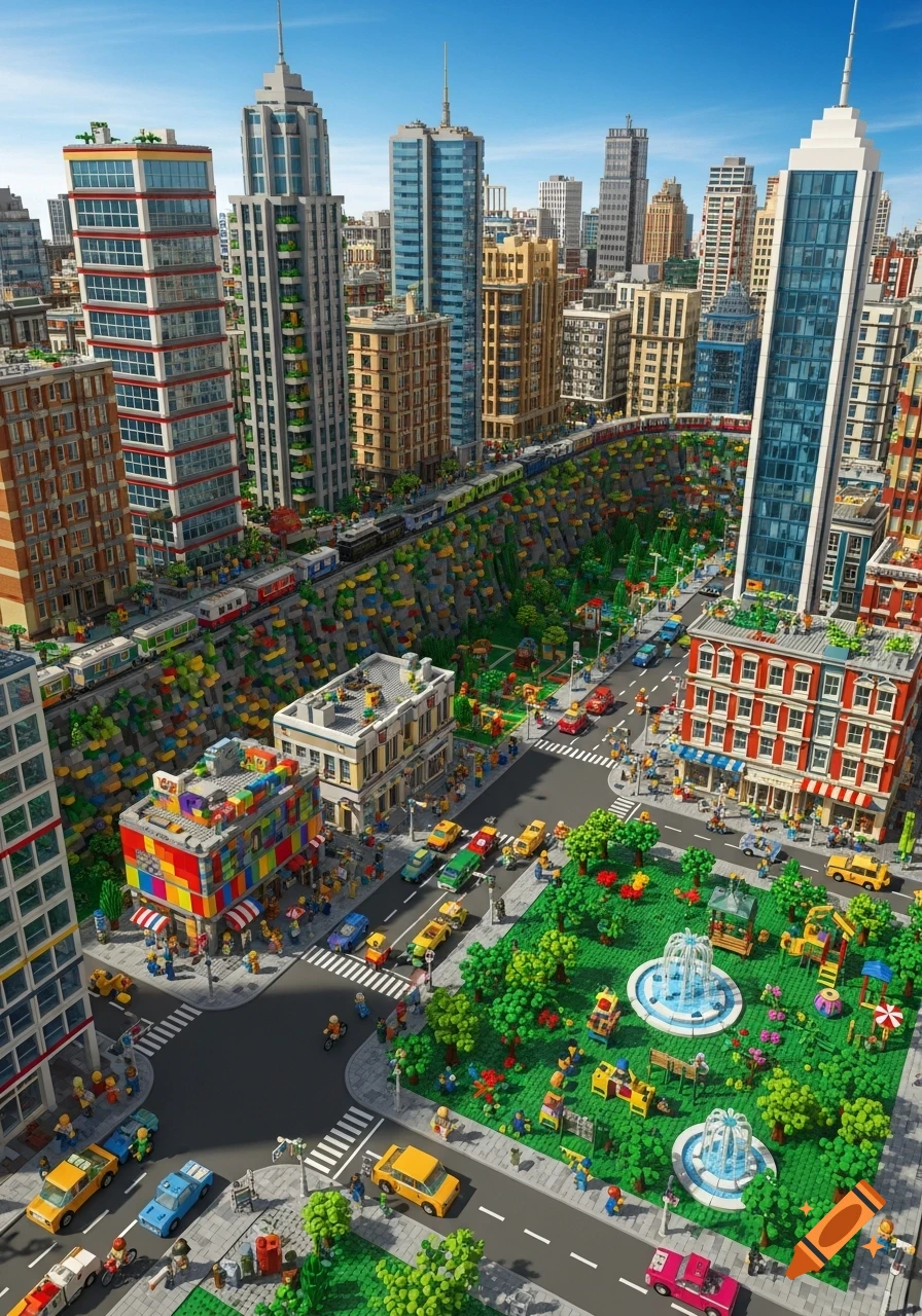 Detailed 3D render of a vibrant Lego city with skyscrapers, streets, cars, and a park with fountains.