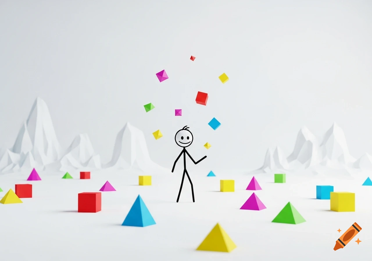 A stick figure juggles colorful cubes and pyramids on a white landscape with geometric white mountains.