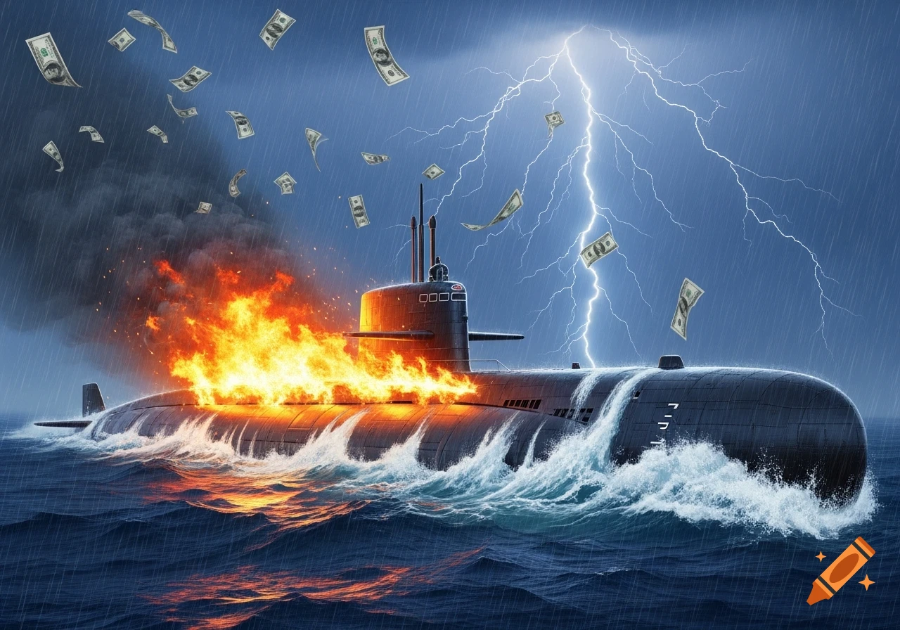 A dark submarine on fire in a stormy sea with lightning striking the water. Rain falls and dollar bills flutter down from the sky.