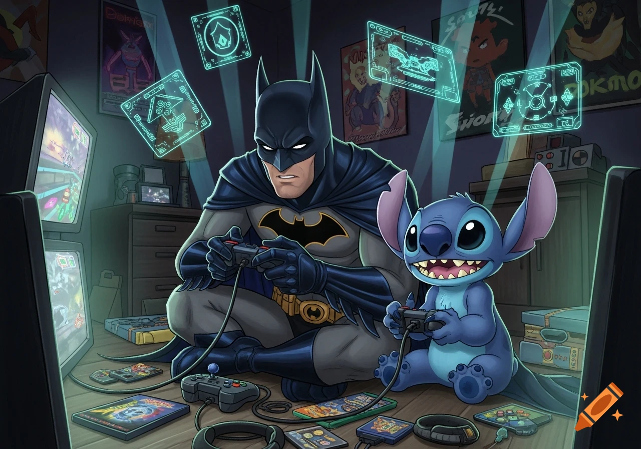 Batman and Stitch sit on the floor playing video games on dual monitors in a dark room filled with holographic screens and posters.