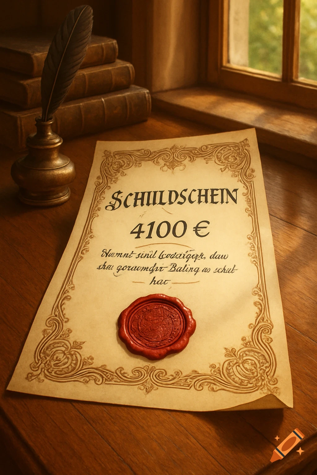 A close-up of an old debt certificate with a red wax seal, an inkwell with a feather quill, and antique books on a wooden desk near a window.