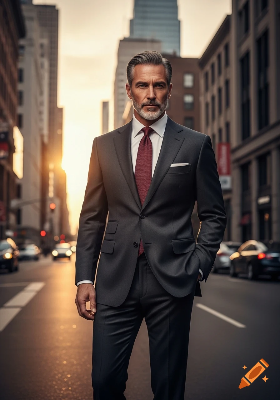 Photorealistic portrait of a distinguished man in a dark suit and red ...