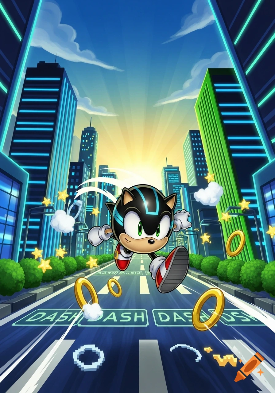 A cartoon black hedgehog runs on a city street at sunset, collecting golden rings and stars, with tall neon-lit buildings.