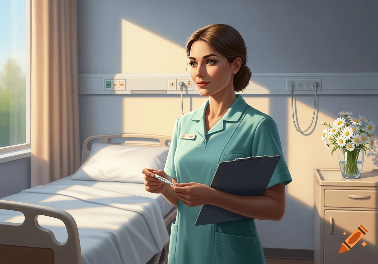 A nurse in teal scrubs stands in a hospital room, holding a clipboard and thermometer, with a bed and window behind her.