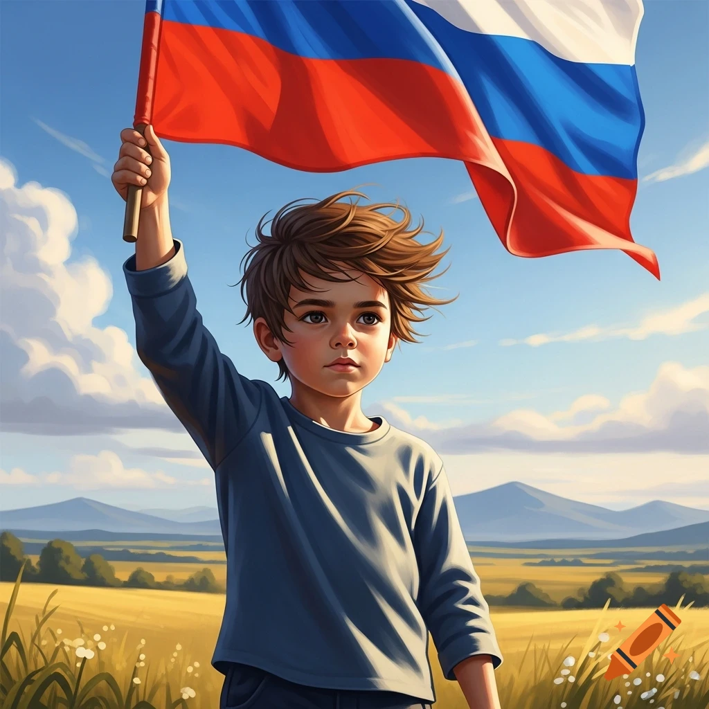 A boy holds a Russian flag in a sunny field with mountains in a digital art style.